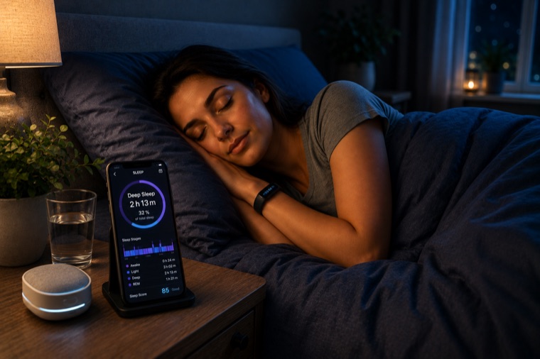 En kvinna sover på sidan med en aktivitetsmätare på handleden. På nattduksbordet står en mobil i ställ som visar en sömnapp med rubriken Deep Sleep, 2 timmar 13 minuter, 32 procent av total sömn.