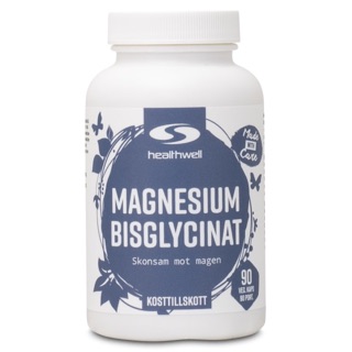Vit burk med mörkblå etikett, Healthwell Magnesium Bisglycinat, 90 vegetabiliska kapslar.