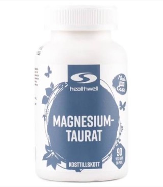 Vit burk med mörkblå etikett, Healthwell Magnesium-Taurat, 90 vegetabiliska kapslar.