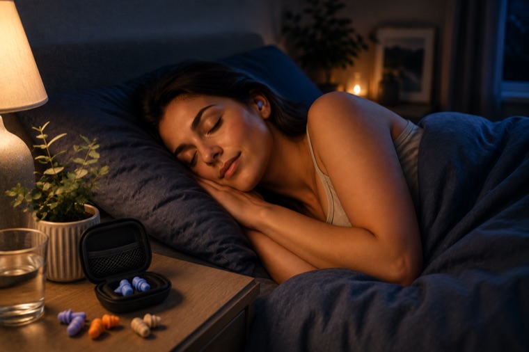 En kvinna sover på sidan med öronproppar i öronen. På nattduksbordet ligger ett öppet fodral och flera par proppar i olika färger.
