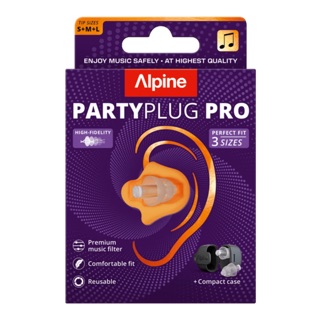 Alpine PartyPlug Pro Transparent i lila förpackning, med tre storlekar på ear tips och medföljande fodral.
