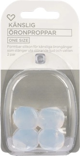 Hjärtats öronproppar i silikon i blisterförpackning, fyra formbara vita kulor märkta One size.