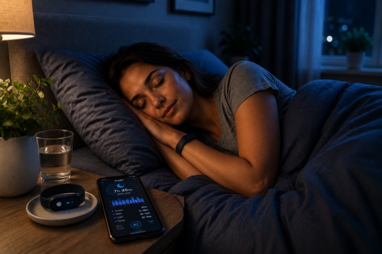 En kvinna sover på sidan med en aktivitetsmätare på handleden. På nattduksbordet ligger en mobil som visar en sömnapp med nattens sömnstadier.