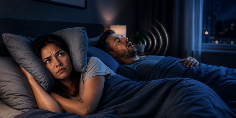 En person ligger vaken med kudden tryckt mot örat medan personen bredvid snarkar med öppen mun.