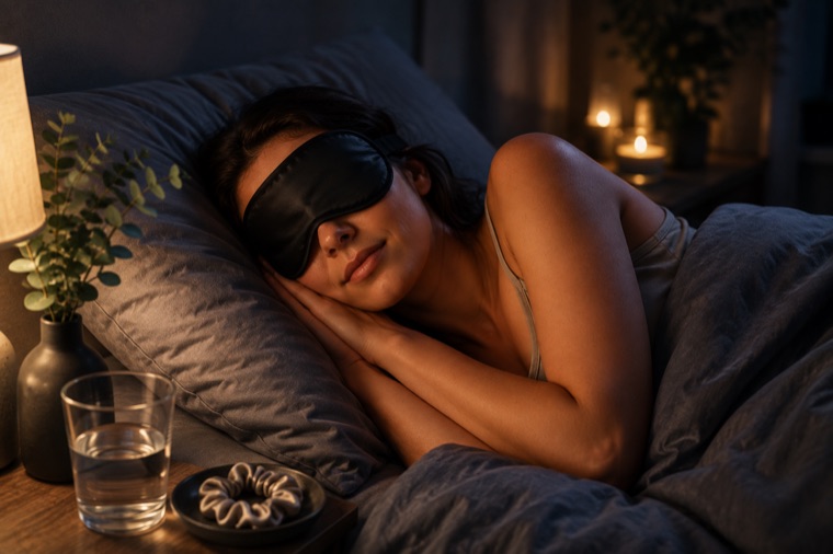 En kvinna sover på sidan med en svart sovmask i siden över ögonen. På nattduksbordet står ett glas vatten bredvid en skål med en scrunchie.