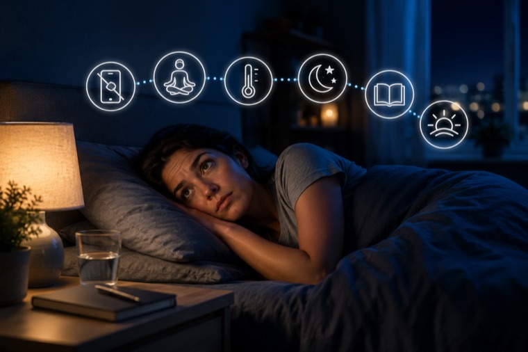 En kvinna ligger vaken på sidan i ett mörkt sovrum med tänd sänglampa, medan en rad upplysta ikoner svävar ovanför sängen: överkryssad mobil, meditation, termometer, måne, bok och soluppgång.