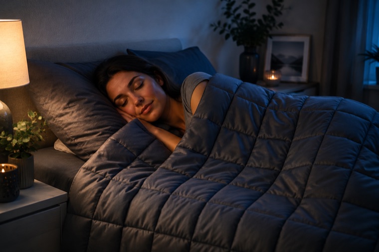 En kvinna sover på sidan under ett mörkblått rutstickat tyngdtäcke i ett dämpat upplyst sovrum, med tänd sänglampa och ett ljus på nattduksbordet.