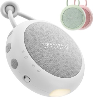 Sweety Fox White Baby Sound, en vit äggformad ljudmaskin med grått tygklätt högtalargaller, hängögla och tidsmarkeringar 60 och 120 minuter.